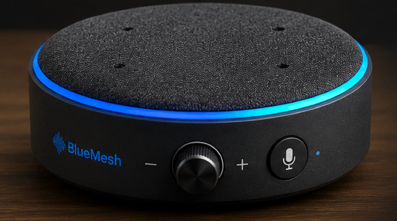 BM Speak on a desk: a low black cylinder with a fabric top, a lit blue ring around it, a volume dial and a microphone button on the front.